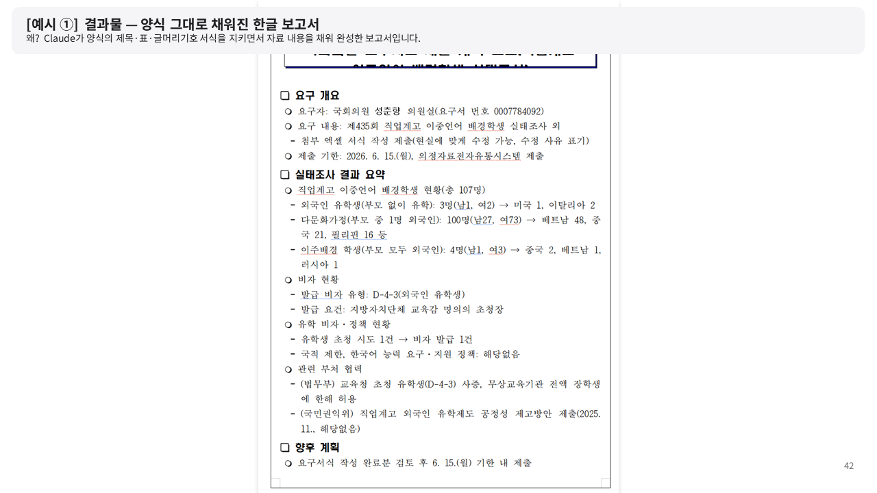 양식 그대로 채워진 한글 보고서 결과물